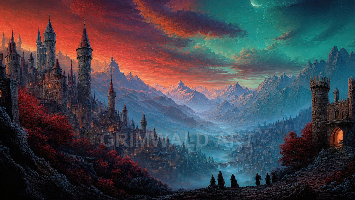 Vast fantasy city of spired stone towers in a misty mountain valley under a teal and crimson twilight sky with a crescent moon.