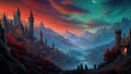 GRID THUMBNAIL — Vast fantasy city of spired stone towers in a misty mountain valley under a teal and crimson twilight sky with a crescent moon.