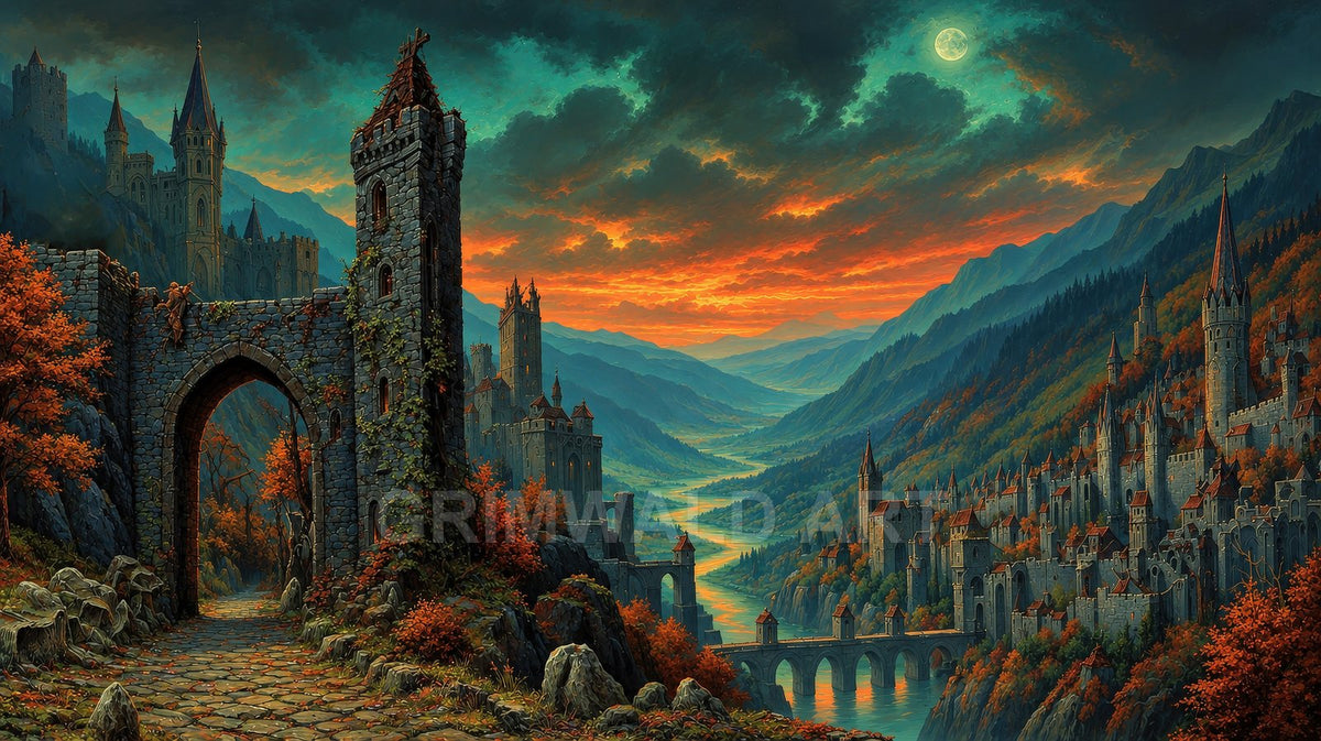 Medieval fantasy city of towers and bridges sprawls through a mountain valley at sunset, with a rising moon, autumn trees, and dramatic clouds.