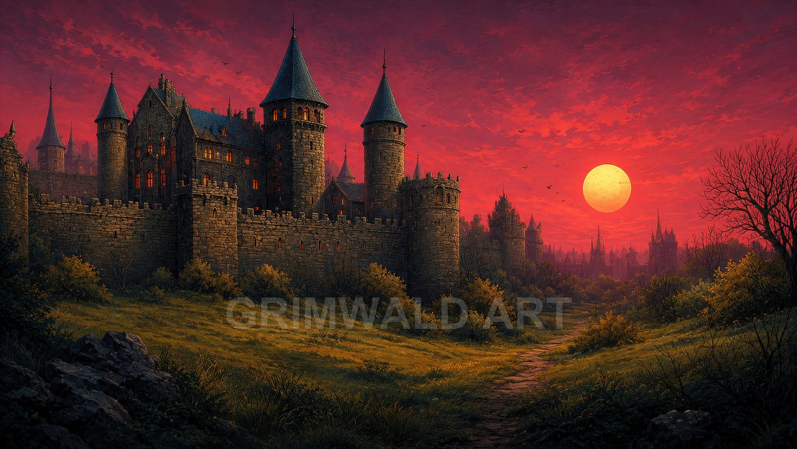 Medieval stone castle with tall towers and lit windows under a red sunset sky and large sun, beyond a winding grassy path.