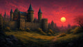 GRID THUMBNAIL — Medieval stone castle with tall towers and lit windows under a red sunset sky and large sun, beyond a winding grassy path.