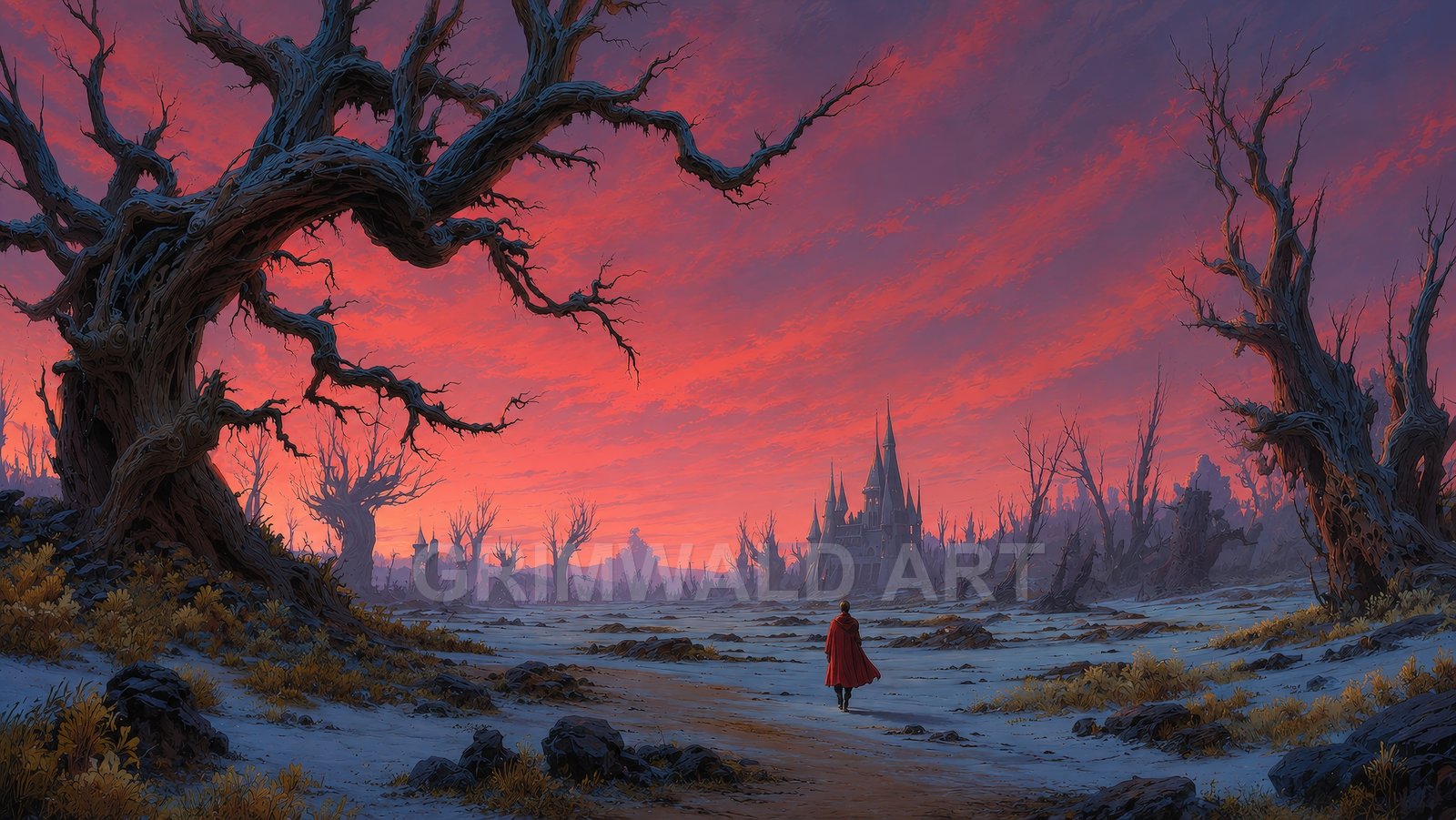 A lone cloaked figure walks along a frosty path through a dead forest toward a spired castle under a vivid red sunset sky.
