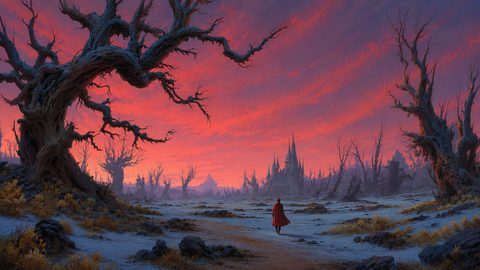 GRID THUMBNAIL — A lone cloaked figure walks along a frosty path through a dead forest toward a spired castle under a vivid red sunset sky.