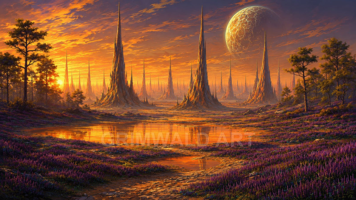 A sunset alien landscape with towering needle-like rock spires, reflective orange pools, purple heather meadows, scattered trees, and a cratered looming moon overhead.
