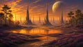 GRID THUMBNAIL — A sunset alien landscape with towering needle-like rock spires, reflective orange pools, purple heather meadows, scattered trees, and a cratered looming moon overhead.