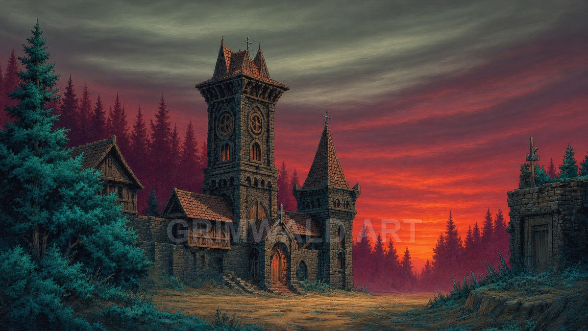Stone chapel with twin towers and crosses in a pine forest clearing at sunset, red clouds overhead and a small outbuilding on a rocky knoll.
