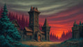 GRID THUMBNAIL — Stone chapel with twin towers and crosses in a pine forest clearing at sunset, red clouds overhead and a small outbuilding on a rocky knoll.