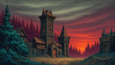 GRID THUMBNAIL — Stone chapel with twin towers and crosses in a pine forest clearing at sunset, red clouds overhead and a small outbuilding on a rocky knoll.