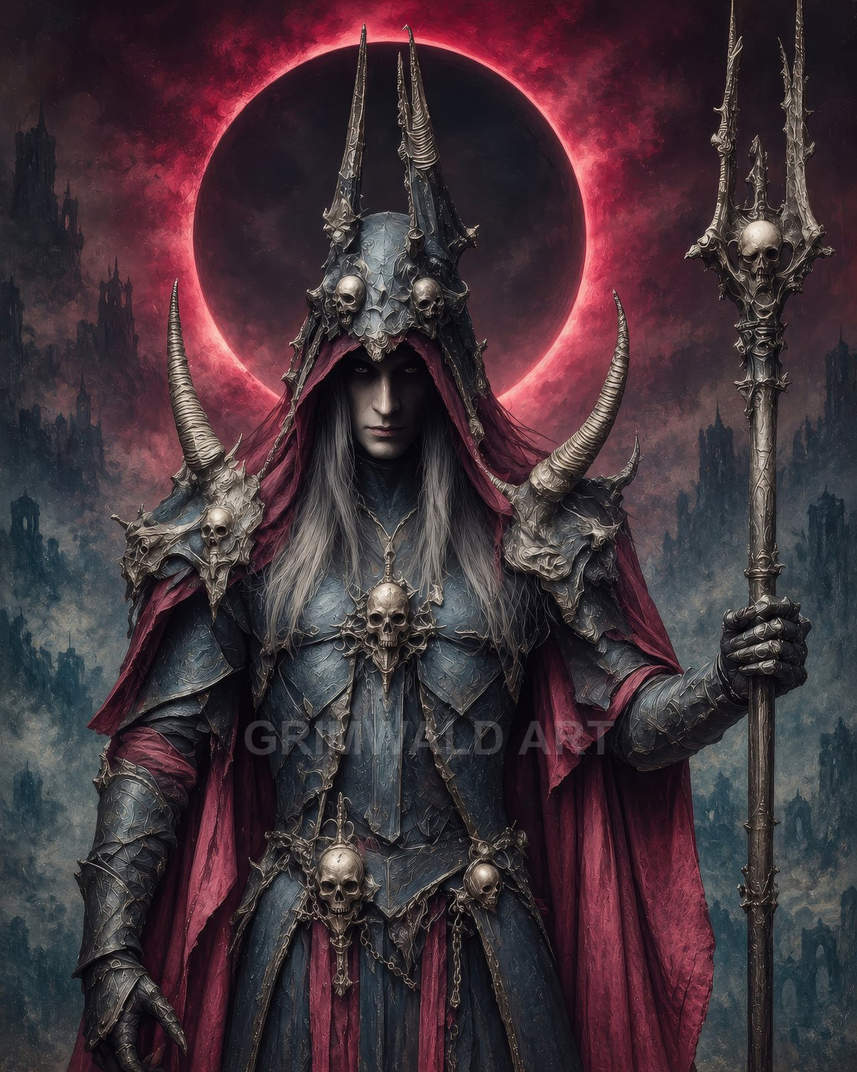 Armoured necromancer with horned, skull-adorned helm stands before a crimson eclipse, gripping a skull-topped staff amid distant gothic ruins and drifting mist.