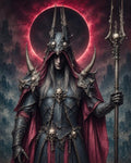 GRID THUMBNAIL — Armoured necromancer with horned, skull-adorned helm stands before a crimson eclipse, gripping a skull-topped staff amid distant gothic ruins and drifting mist.