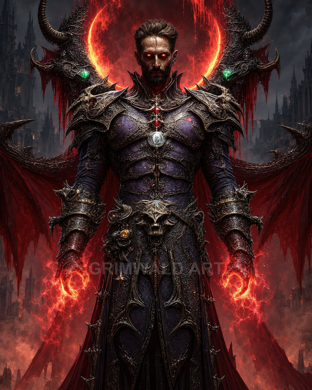 Armoured demonic warlock with glowing red eyes and fiery hands stands before a crimson eclipse, wings spread, gothic castle spires looming.