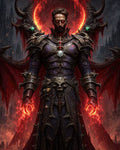 GRID THUMBNAIL — Armoured demonic warlock with glowing red eyes and fiery hands stands before a crimson eclipse, wings spread, gothic castle spires looming.