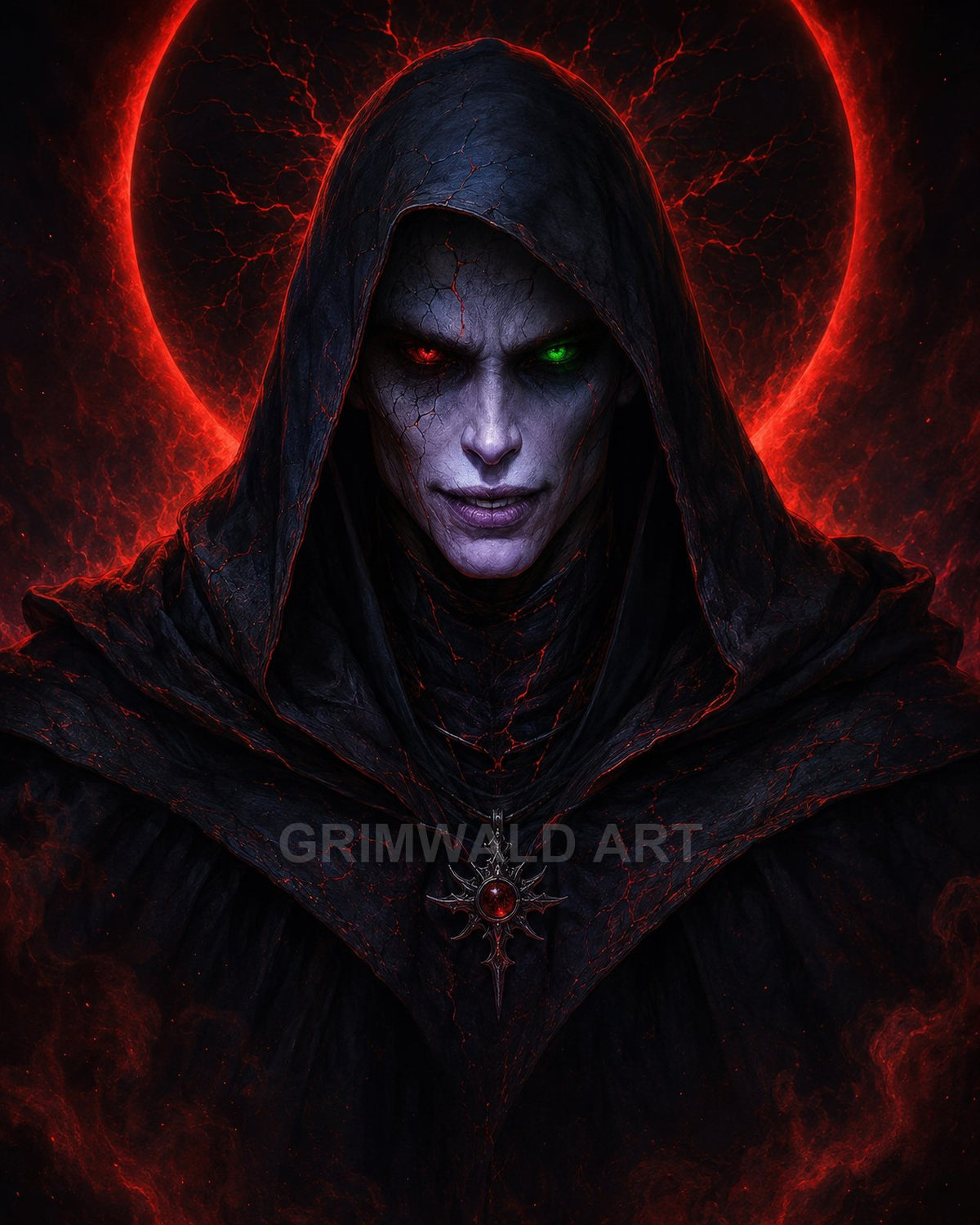 Portrait of a hooded, pale-skinned warlock with red and green glowing eyes before a fiery red eclipse, wearing a spiked amulet.