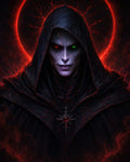 GRID THUMBNAIL — Portrait of a hooded, pale-skinned warlock with red and green glowing eyes before a fiery red eclipse, wearing a spiked amulet.
