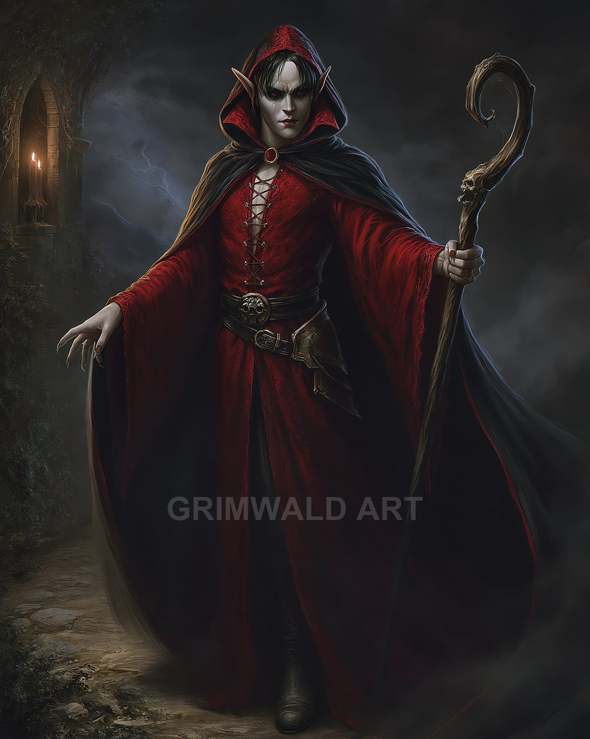 An androgynous elf sorcerer in a red hooded robe holds a carved staff, standing amid stormlit ruins with a candlelit archway.