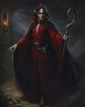 GRID THUMBNAIL — An androgynous elf sorcerer in a red hooded robe holds a carved staff, standing amid stormlit ruins with a candlelit archway.