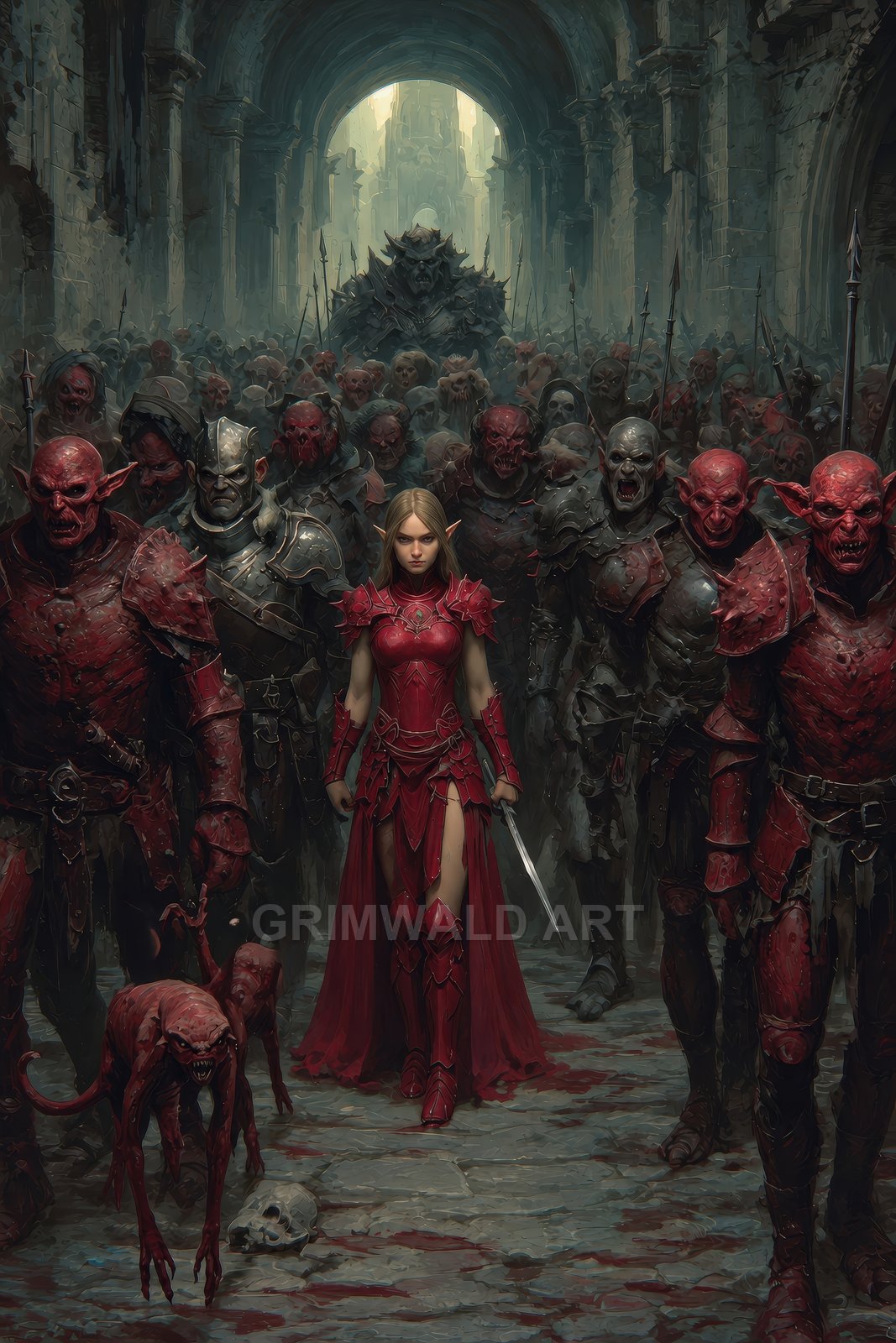 Armoured elf woman in crimson plate leads a horde of orcs through a ruined cathedral, sword drawn, bloodstained floor and snarling hounds.