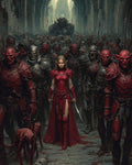 GRID THUMBNAIL — Armoured elf woman in crimson plate leads a horde of orcs through a ruined cathedral, sword drawn, bloodstained floor and snarling hounds.