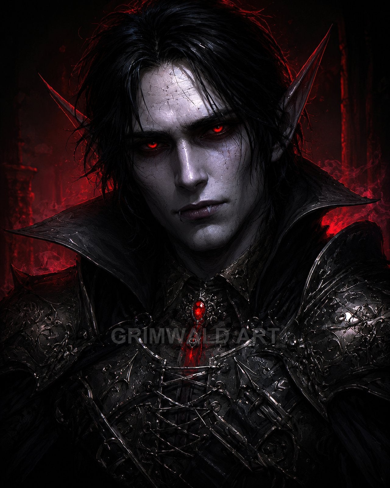 Close-up portrait of a pale, armoured elf with glowing red eyes and ornate black armour, firelit background and a crimson gemstone amulet.