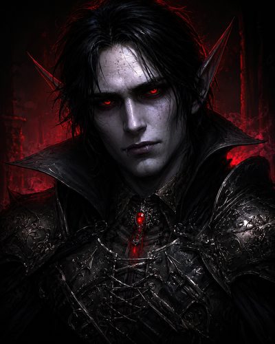 GRID THUMBNAIL — Close-up portrait of a pale, armoured elf with glowing red eyes and ornate black armour, firelit background and a crimson gemstone amulet.