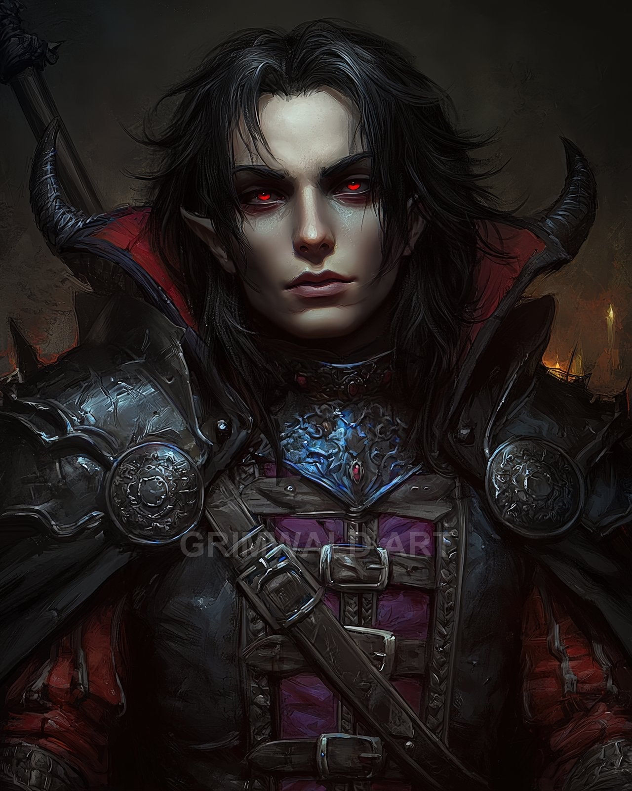 Firelit portrait of an androgynous vampire knight in black ornate armour, red eyes glowing, purple tunic and high collar, sword hilt visible.