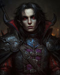 GRID THUMBNAIL — Firelit portrait of an androgynous vampire knight in black ornate armour, red eyes glowing, purple tunic and high collar, sword hilt visible.