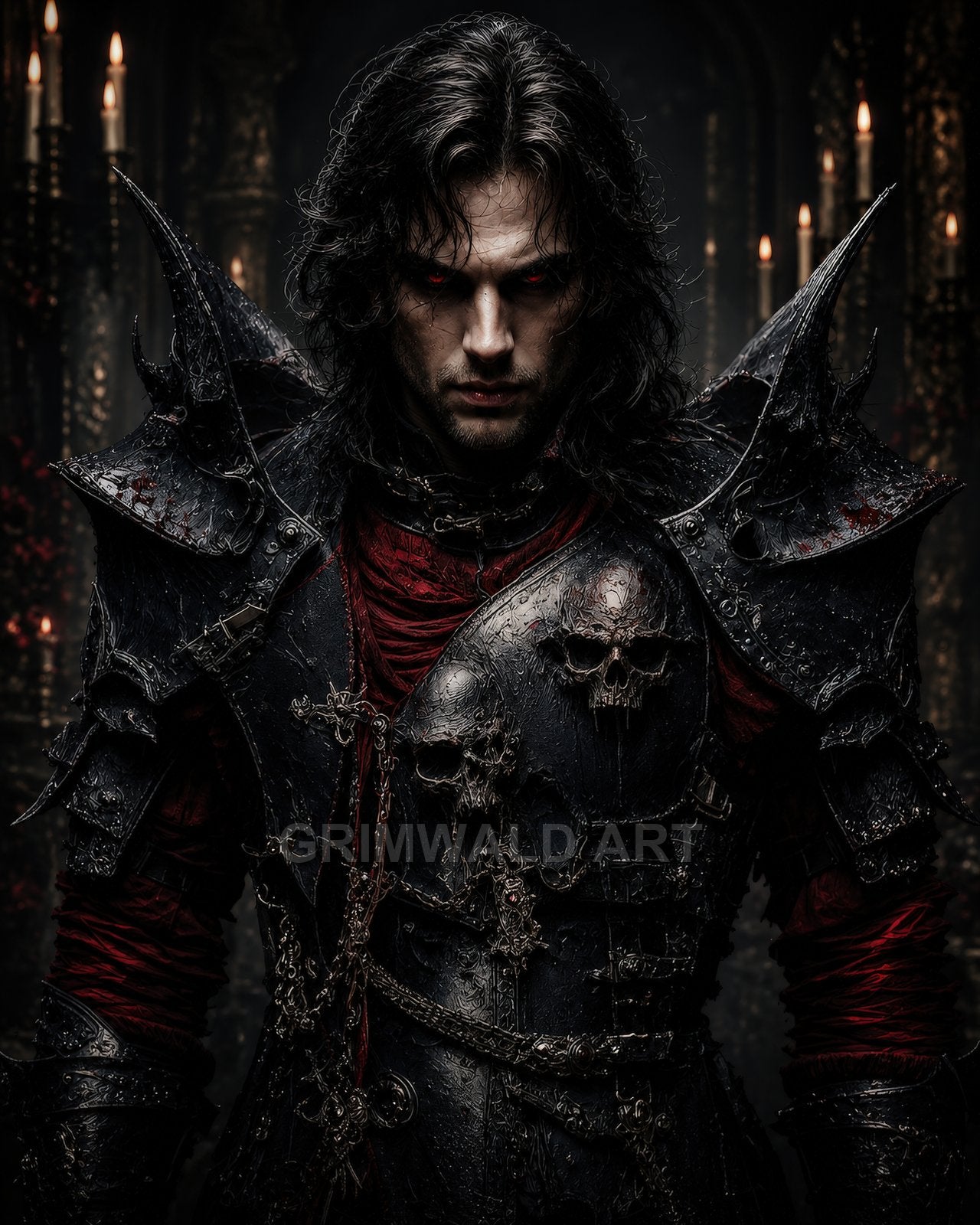 A brooding male warrior in spiked black armour embossed with skulls and chains, glowing red eyes, standing in a candlelit gothic cathedral.