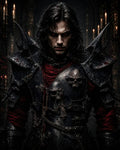 GRID THUMBNAIL — A brooding male warrior in spiked black armour embossed with skulls and chains, glowing red eyes, standing in a candlelit gothic cathedral.