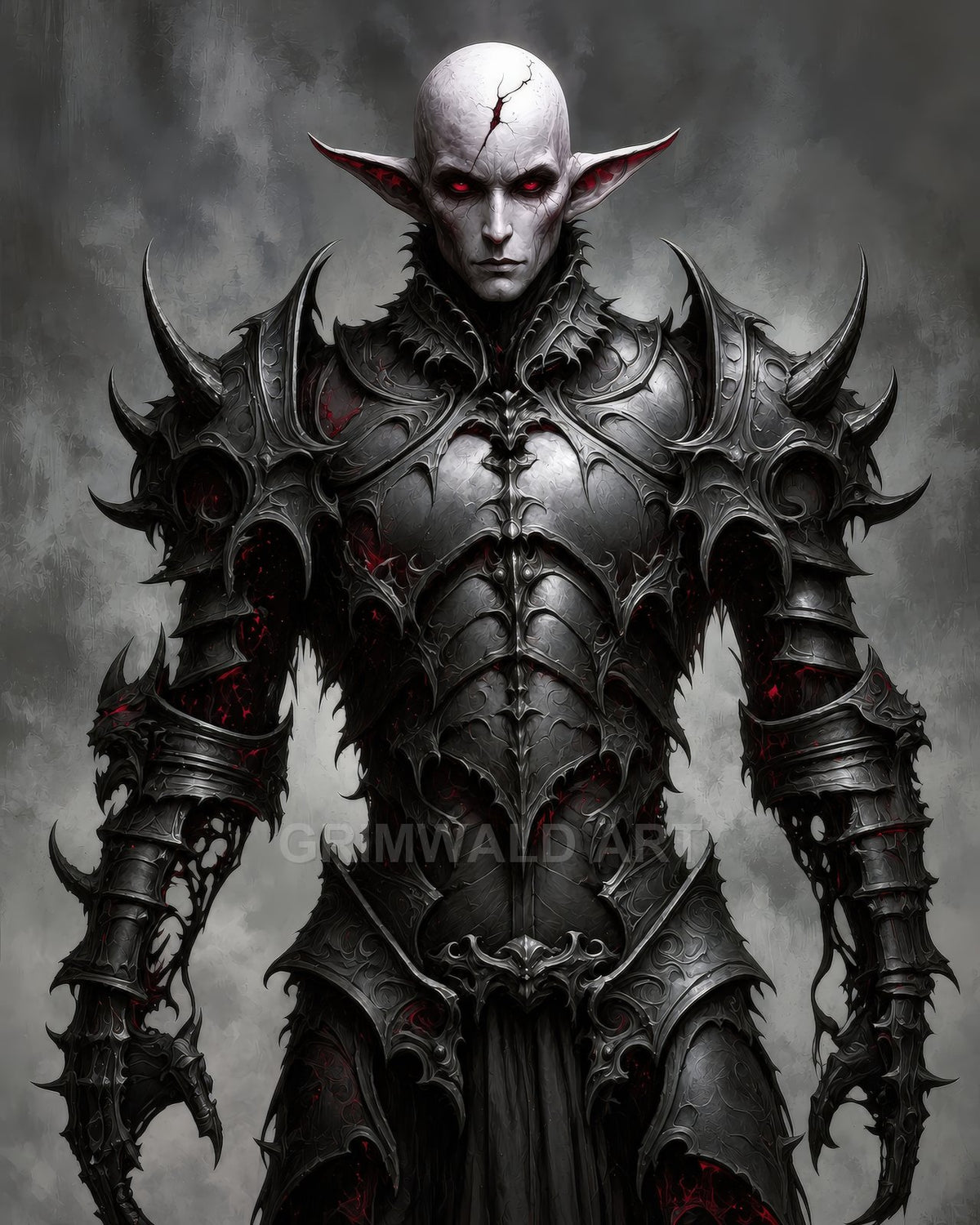 Pale, crimson-eyed undead knight in ornate spiked black armour with glowing red fissures stands front-facing against a misty grey backdrop, ominous and imposing.