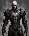 GRID THUMBNAIL — Pale, crimson-eyed undead knight in ornate spiked black armour with glowing red fissures stands front-facing against a misty grey backdrop, ominous and imposing.