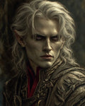 GRID THUMBNAIL — Close-up portrait of a pale, silver-haired elf with crimson eyes and ornate leafworked armour, set against a dark, moody background.