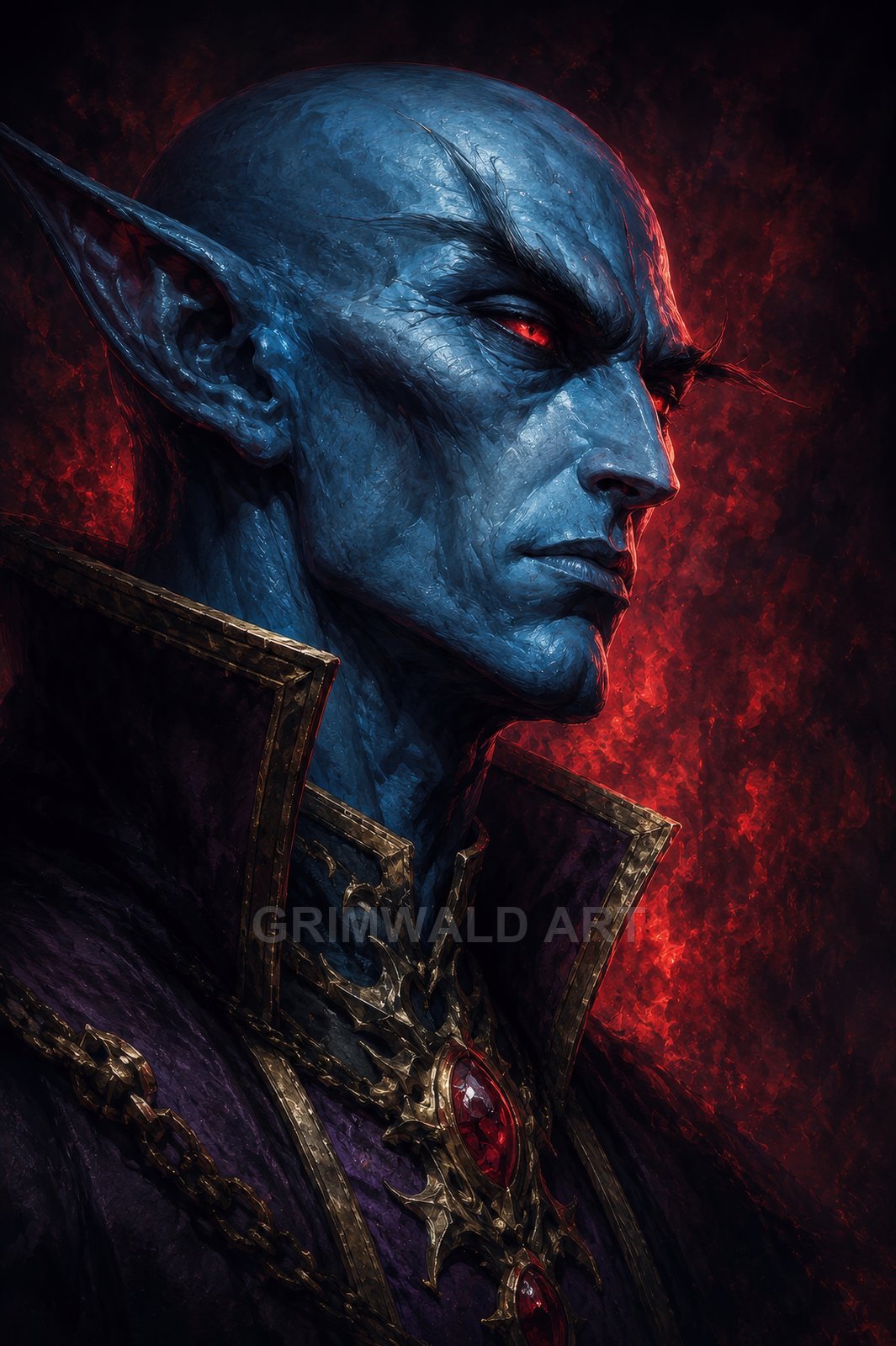Close-up portrait of a blue-skinned male elf with glowing red eyes, ornate purple robes, gold-trimmed collar, and a jewelled amulet against a fiery backdrop.