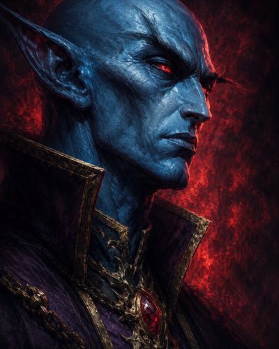 GRID THUMBNAIL — Close-up portrait of a blue-skinned male elf with glowing red eyes, ornate purple robes, gold-trimmed collar, and a jewelled amulet against a fiery backdrop.