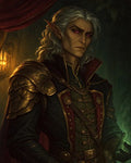 GRID THUMBNAIL — Portrait of a male elf with crimson eyes and gilded armour, conjuring green arcane energy in a dim, firelit interior with red drapery.