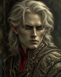 GRID THUMBNAIL — Close portrait of a pale elf with silver hair, red eyes, and ornate leaf-embossed armour, set against a dark, moody background.
