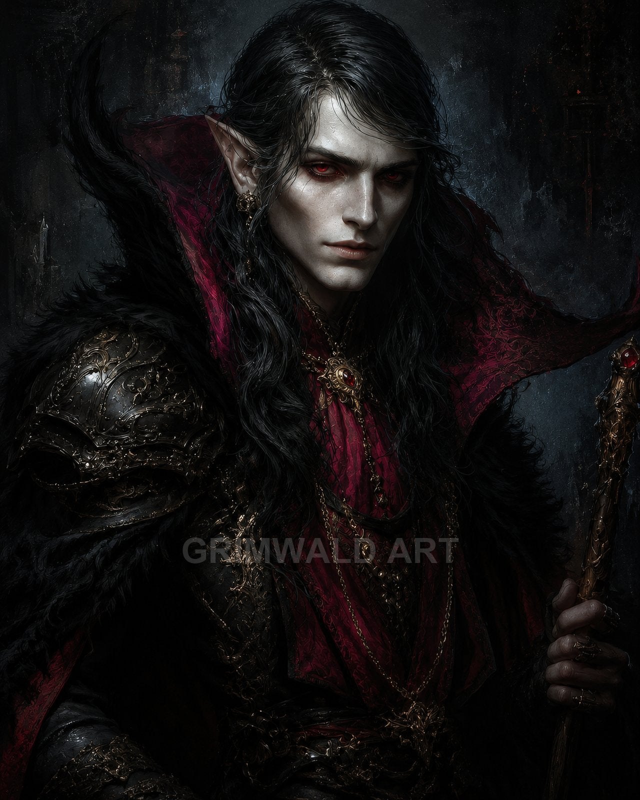 Portrait of a pale, red-eyed elf vampire in ornate black armour and crimson cloak, holding a gilded staff against a shadowed interior.