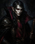 GRID THUMBNAIL — Portrait of a pale, red-eyed elf vampire in ornate black armour and crimson cloak, holding a gilded staff against a shadowed interior.