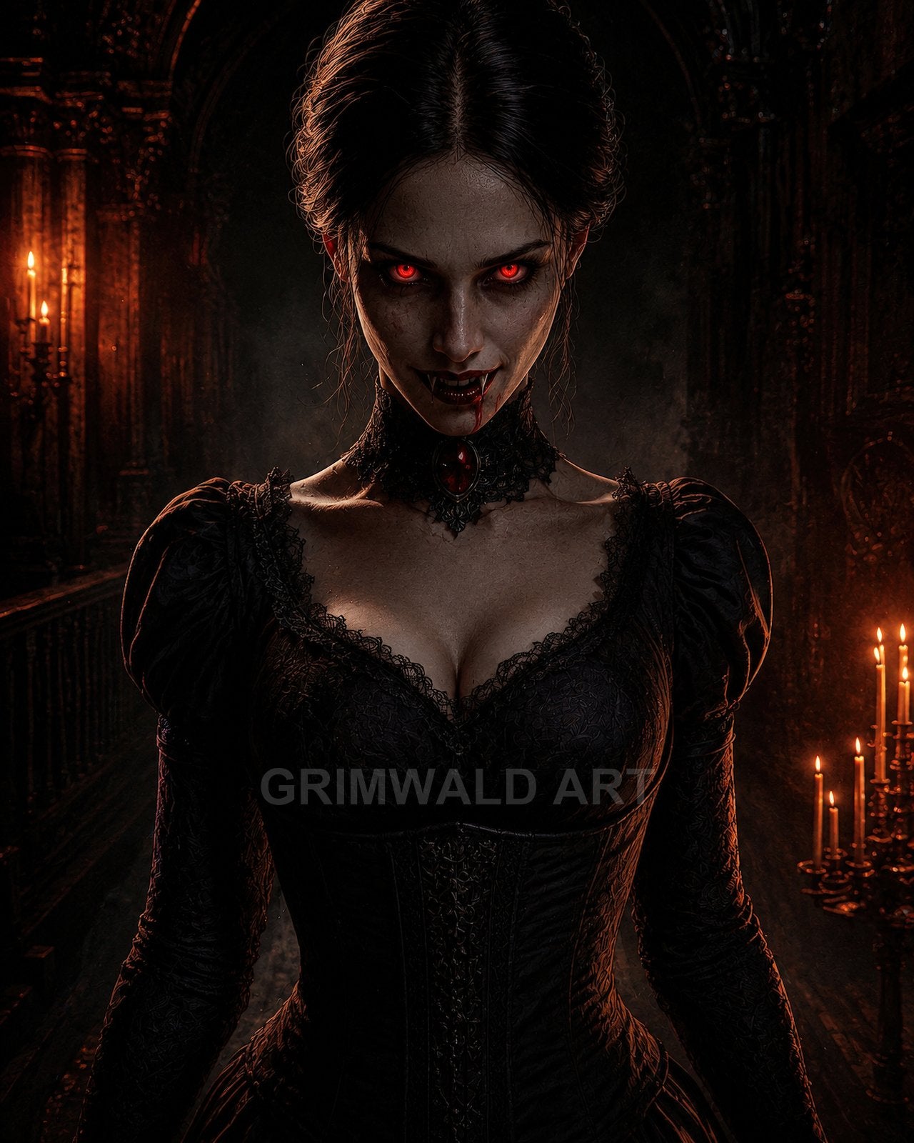 A gothic female vampire with glowing red eyes and bloodied lips stares forward in a dark candlelit castle interior, wearing a black lace corset.
