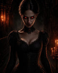 GRID THUMBNAIL — A gothic female vampire with glowing red eyes and bloodied lips stares forward in a dark candlelit castle interior, wearing a black lace corset.