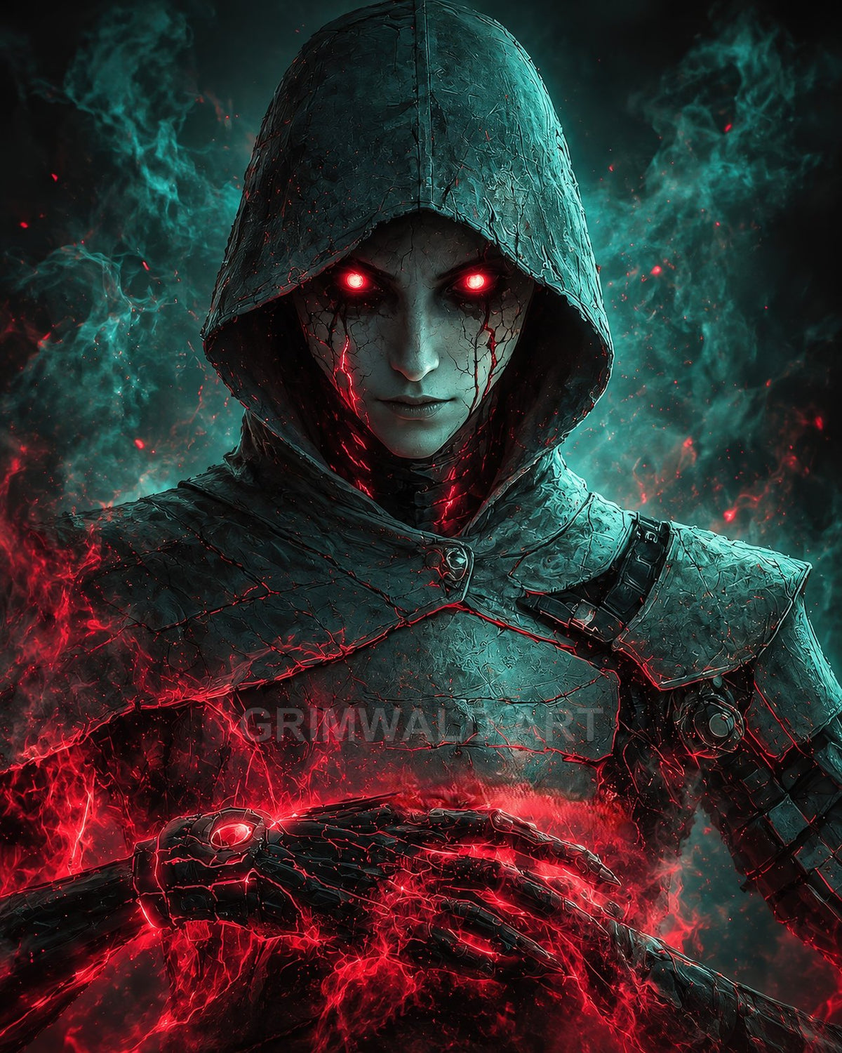 Hooded undead mage with glowing red eyes and armour gathers crackling crimson magic amid teal smoke, an ominous dark fantasy character portrait.