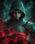 GRID THUMBNAIL — Hooded undead mage with glowing red eyes and armour gathers crackling crimson magic amid teal smoke, an ominous dark fantasy character portrait.