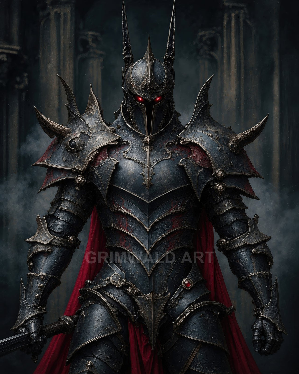 Armoured death knight with horned helmet and glowing red eyes, gripping a sword, red cloak flowing before shadowy cathedral columns and drifting smoke.