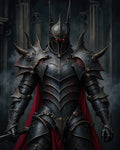 GRID THUMBNAIL — Armoured death knight with horned helmet and glowing red eyes, gripping a sword, red cloak flowing before shadowy cathedral columns and drifting smoke.
