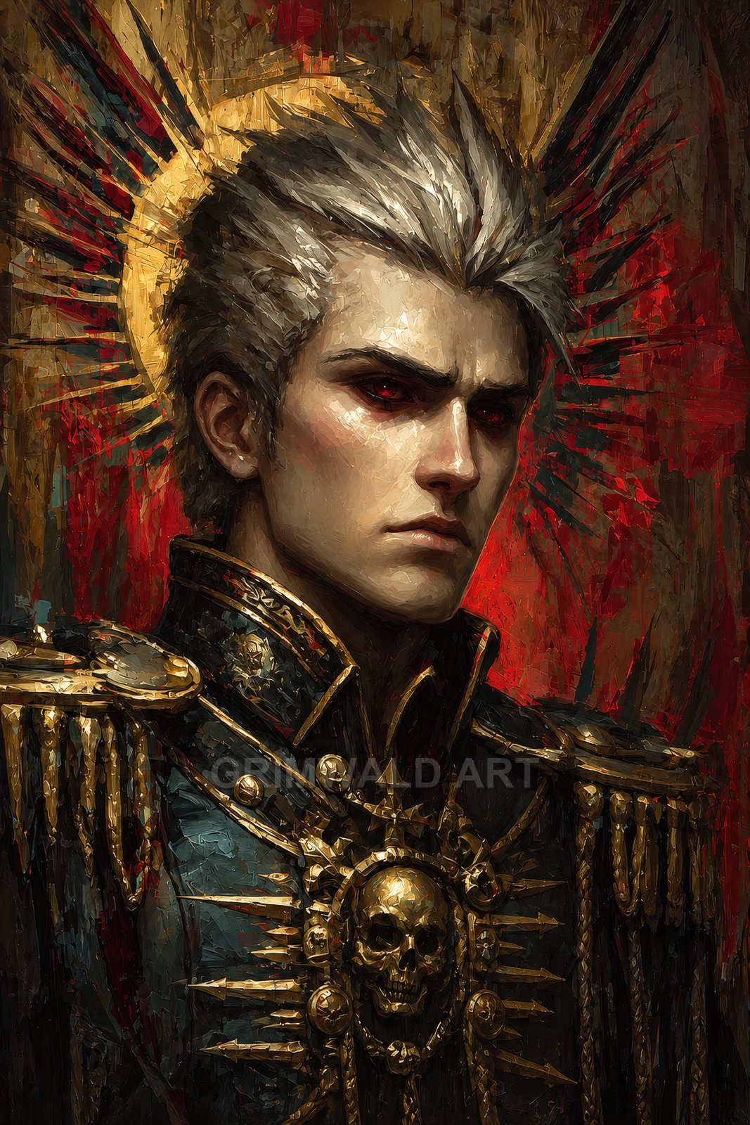 Portrait of a stern, silver-haired man in ornate dark uniform with gold skull insignia, crimson eyes, and a radiant, sunlike halo background.