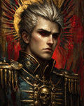 GRID THUMBNAIL — Portrait of a stern, silver-haired man in ornate dark uniform with gold skull insignia, crimson eyes, and a radiant, sunlike halo background.