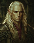 GRID THUMBNAIL — Portrait of a stern male elf with long blond hair, crimson eyes and leaf-edged armour, lit by warm firelight in a dim interior.