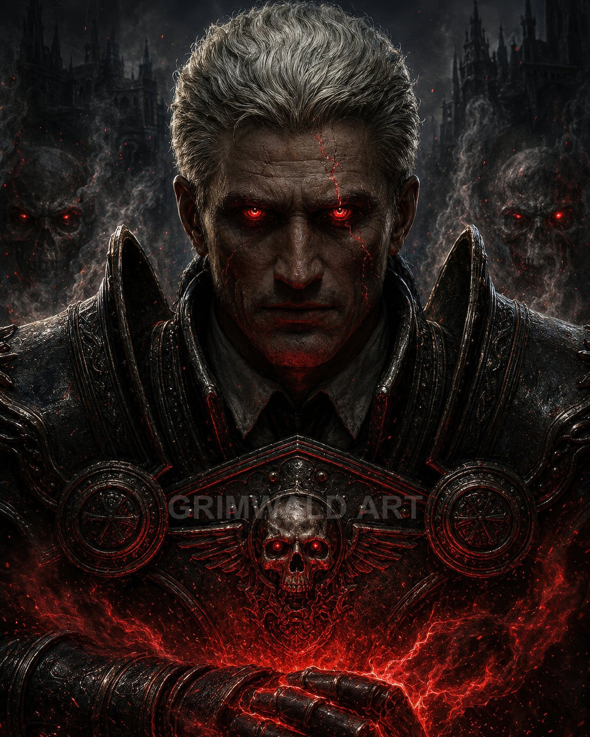 Armoured male necromancer with glowing red eyes conjures crimson energy, flanked by ghostly skulls and a looming gothic fortress in the dark.