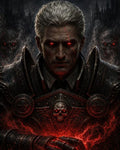 GRID THUMBNAIL — Armoured male necromancer with glowing red eyes conjures crimson energy, flanked by ghostly skulls and a looming gothic fortress in the dark.