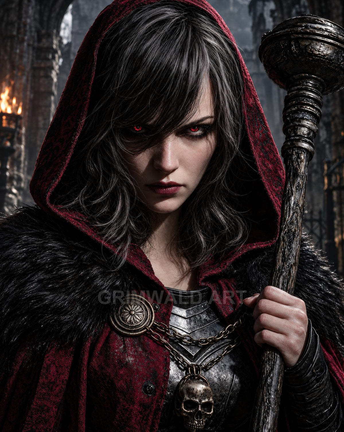 Close-up of a hooded woman with red glowing eyes, black fur cloak and armour, holding a worn staff inside a torchlit gothic cathedral.