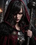 GRID THUMBNAIL — Close-up of a hooded woman with red glowing eyes, black fur cloak and armour, holding a worn staff inside a torchlit gothic cathedral.